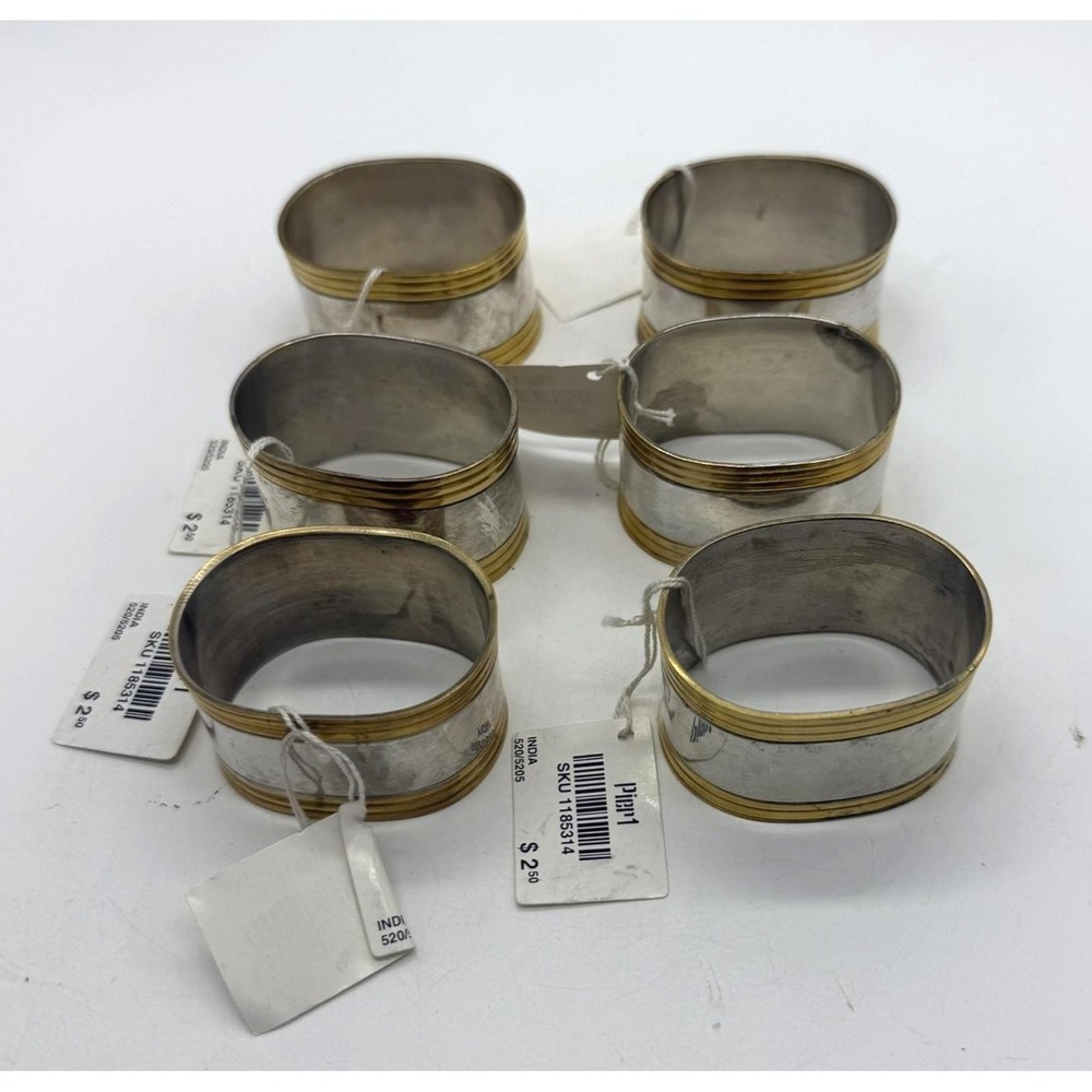 NWT Pier 1 Set of 6 Napkin Rings Silver Tone with Gold Brass‎ Bands Oval Metal